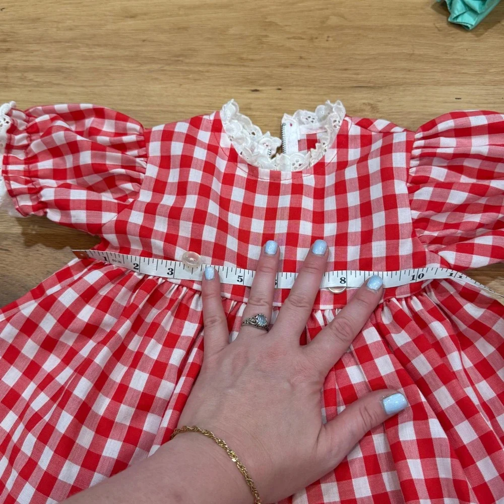 Vintage 90s Red Gingham Baby Dress w Detachable Apron Lace Trim Red White 12-18M